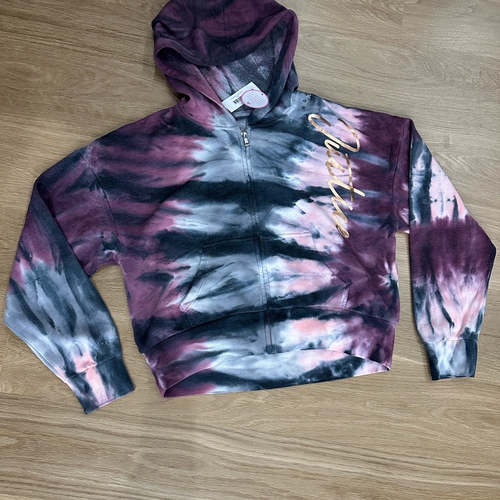 NWT Justice Girls Purple Grey and pink Tie-Dye Zip Hoodie